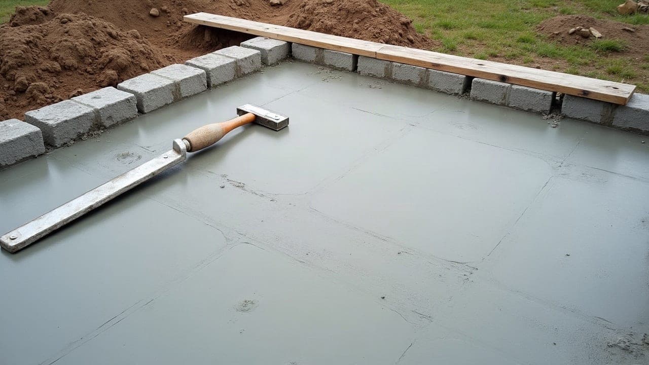 Dalle béton fraîchement coulée et talochée en extérieur, coffrage en bois encore en place sur les bords, brouette et règle de maçon posées à proximité
