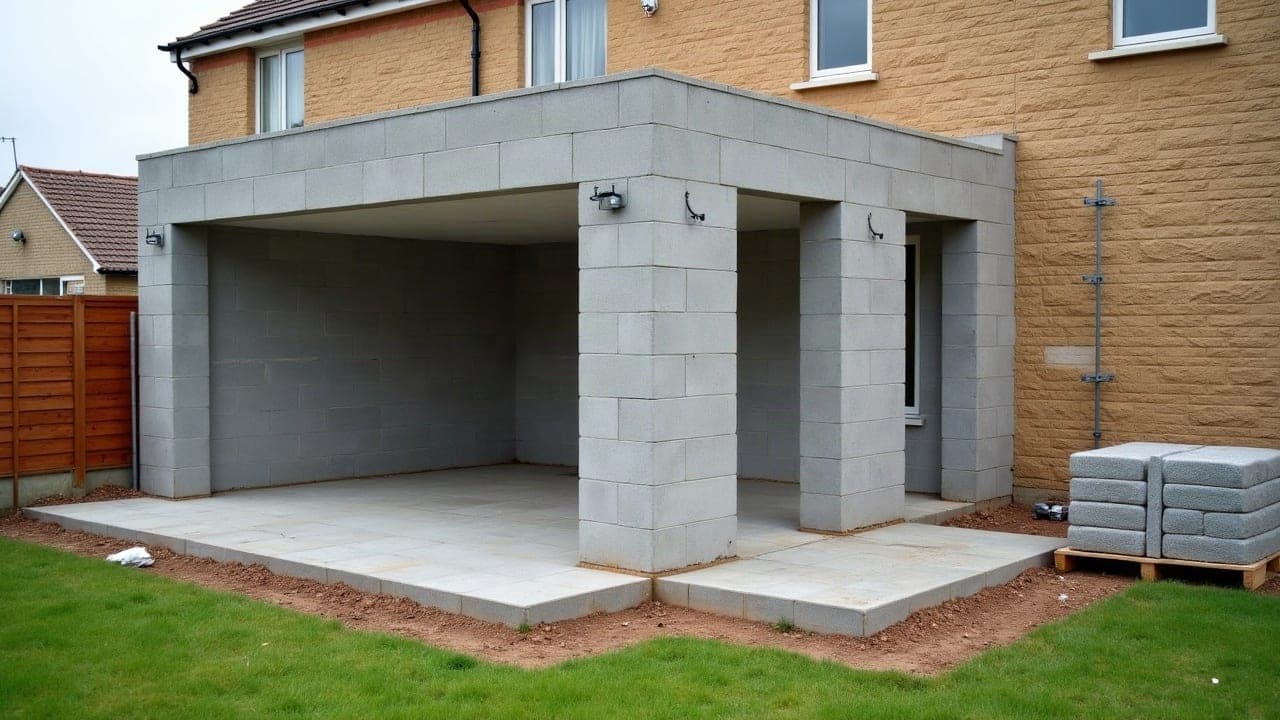 Extension en construction accolée à une maison individuelle, murs en parpaing montés à mi-hauteur, échafaudage léger et dalle coulée au sol devant la façade existante
