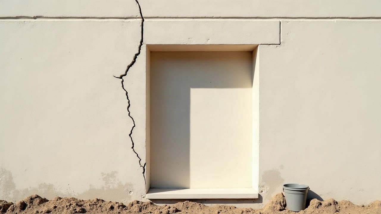 Fissure en escalier sur un enduit de façade purgée sur son pourtour, mortier de reprise clair appliqué à la spatule autour de l'ouverture de la fissure