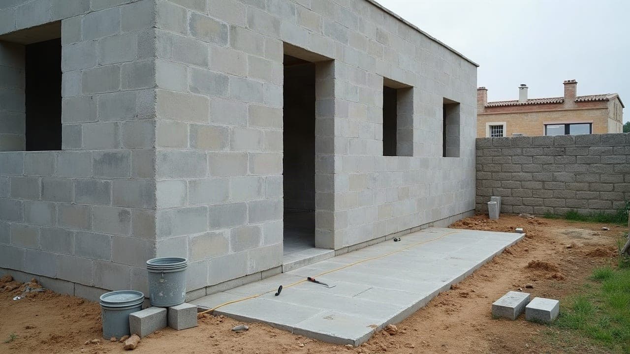Mur en cours de montage avec parpaings et joints de mortier frais, truelle et niveau à bulle posés sur un muret en pierre calcaire claire, chantier extérieur en plein jour