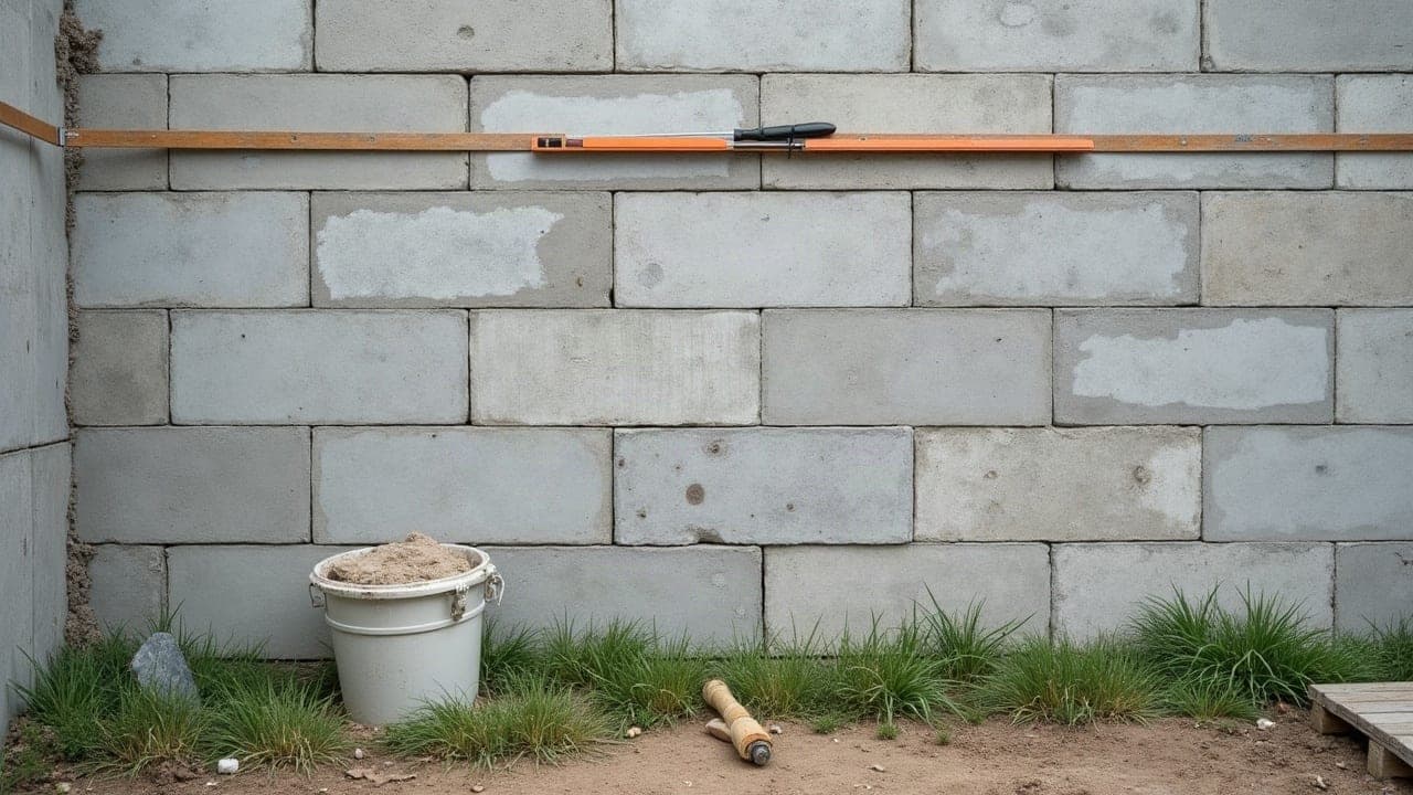 Mur en cours de montage avec parpaings et joints de mortier frais, truelle et niveau à bulle posés sur un muret en pierre calcaire claire, chantier extérieur en plein jour