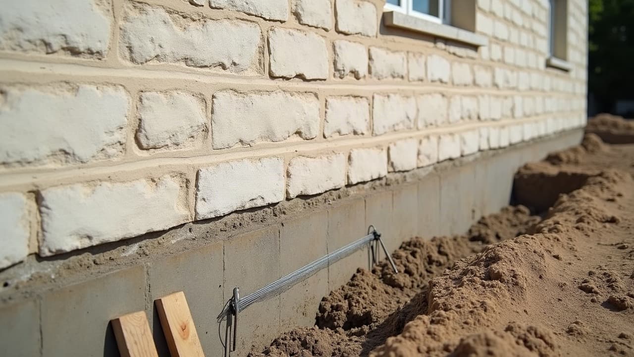 Semelle de fondation ferraillée coulée en fouille au pied d'une maison basse en pierre calcaire à Angoulins, mur de la maison visible juste au-dessus de la tranchée