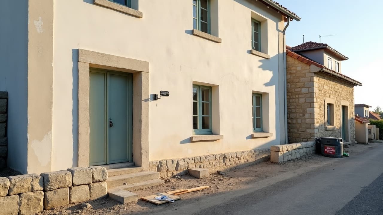 Villa balnéaire ancienne à Châtelaillon-Plage avec façade enduite claire, volets colorés et petit muret de clôture en pierre, à quelques rues du front de mer