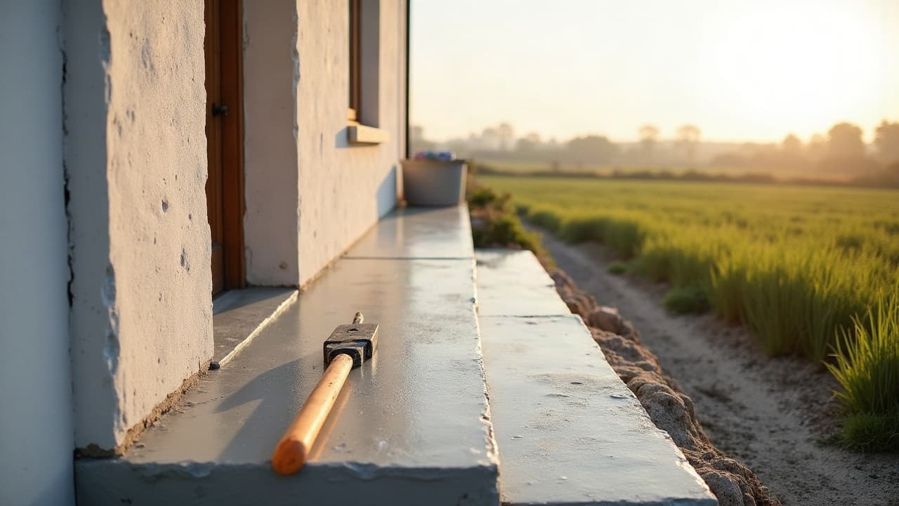 Maison individuelle récente à Dompierre-sur-Mer entourée de champs cultivés, façade enduite claire et dalle de terrasse en béton devant l'entrée