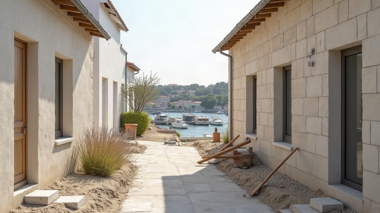 Ruelle étroite du bourg de L'Houmeau bordée de maisons basses en pierre calcaire claire, vue dégagée vers le petit port en fond de rue