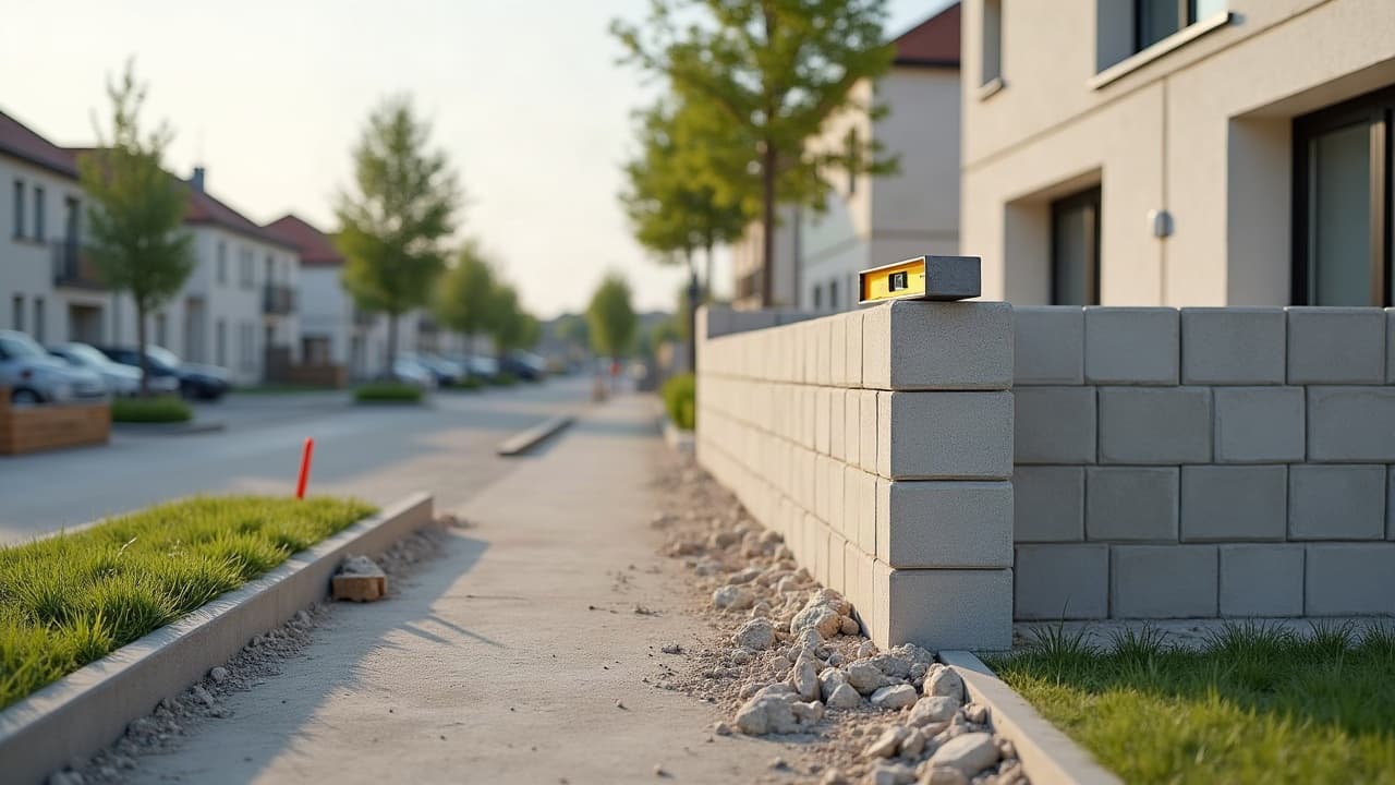 Maison individuelle récente dans un lotissement de La Jarne avec muret bas en parpaing enduit, jardin engazonné et rue calme bordée de jeunes arbres