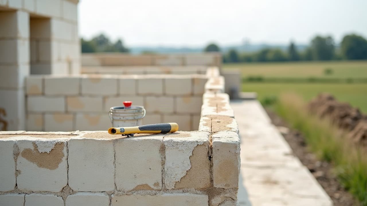 Maison basse en pierre calcaire dans un hameau de Marsilly, mur de clôture bas et parcelle agricole visible en arrière-plan sous ciel littoral dégagé