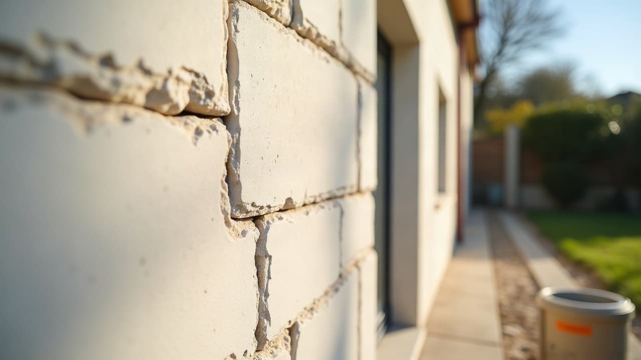 Fissure oblique près d'une fenêtre sur une façade enduite à Nieul-sur-Mer, mortier de reprise clair appliqué en périphérie de la fissure, jardin en arrière-plan