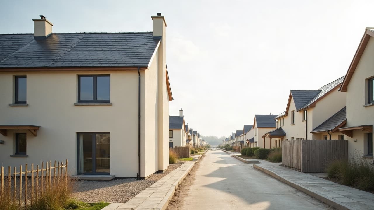 Lotissement pavillonnaire récent à Périgny avec maisons individuelles en parpaing enduit, jardins clôturés et rue résidentielle bordée de trottoirs neufs