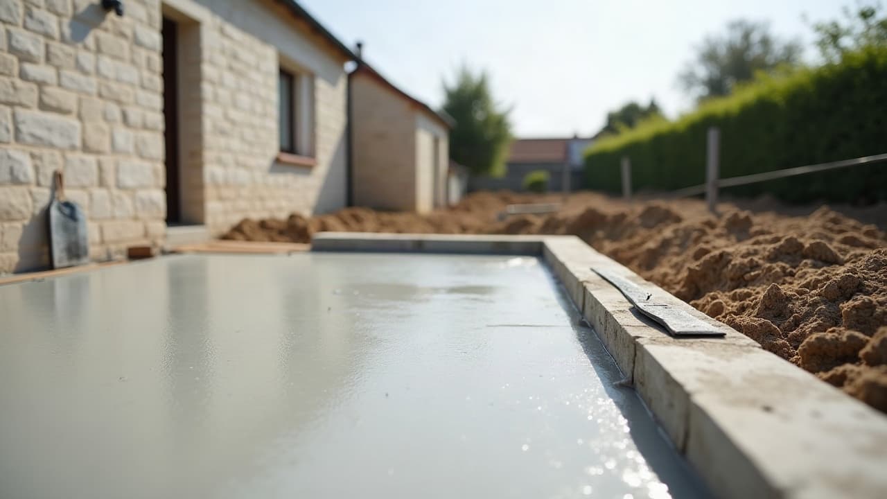 Maison individuelle récente à Puilboreau avec dalle béton de garage fraîchement coulée, façade enduite claire et haie basse taillée en limite de propriété