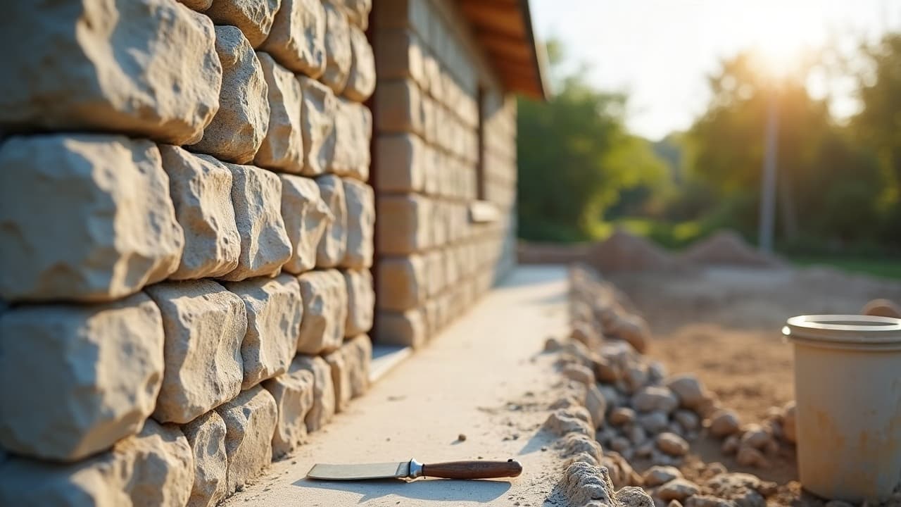 Corps de ferme ancien réhabilité dans un hameau de Sainte-Soulle, mur en pierre calcaire rejointoyé et dépendance basse couverte, environnement rural verdoyant
