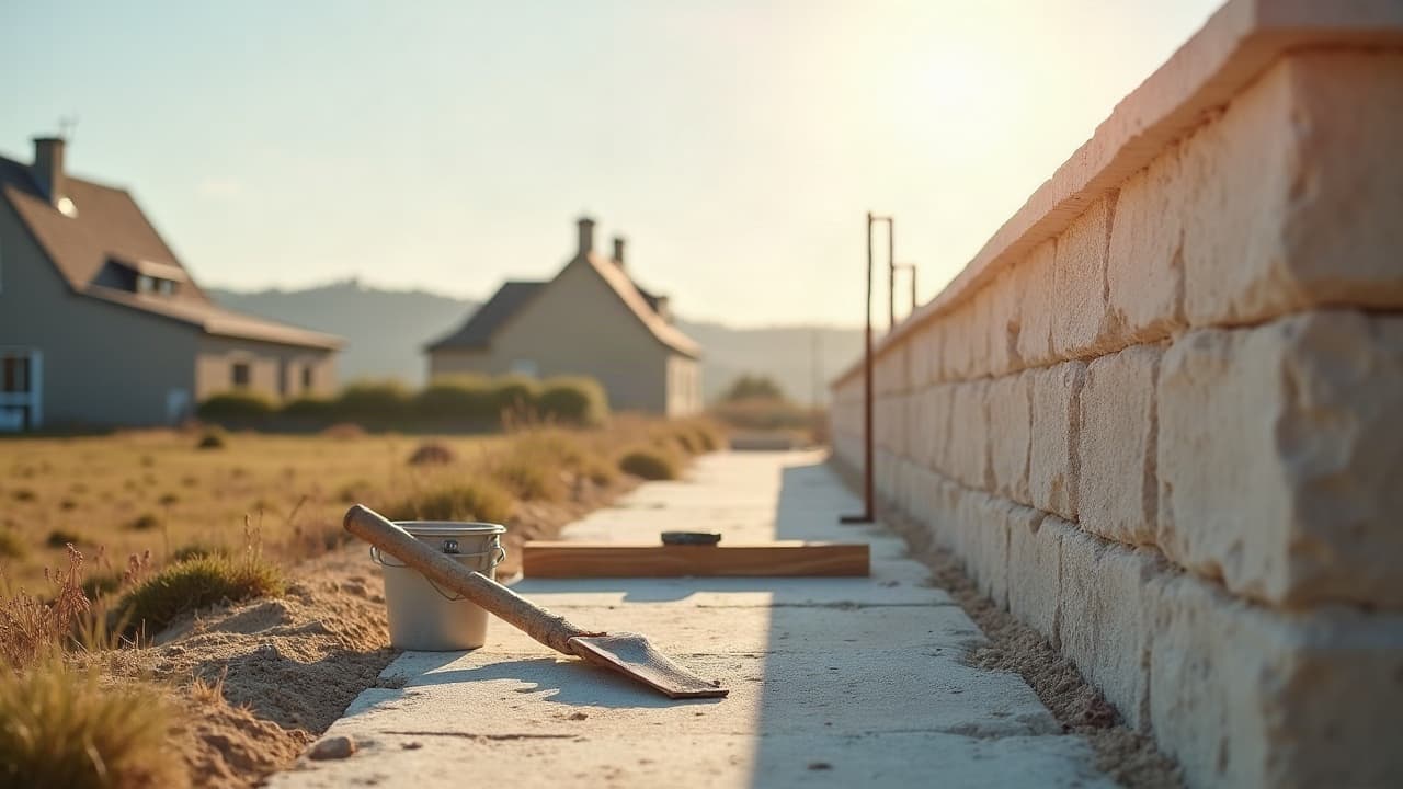 Bourg rural de Salles-sur-Mer avec maison en pierre calcaire basse, mur de clôture enduit et champ cultivé visible juste derrière les habitations