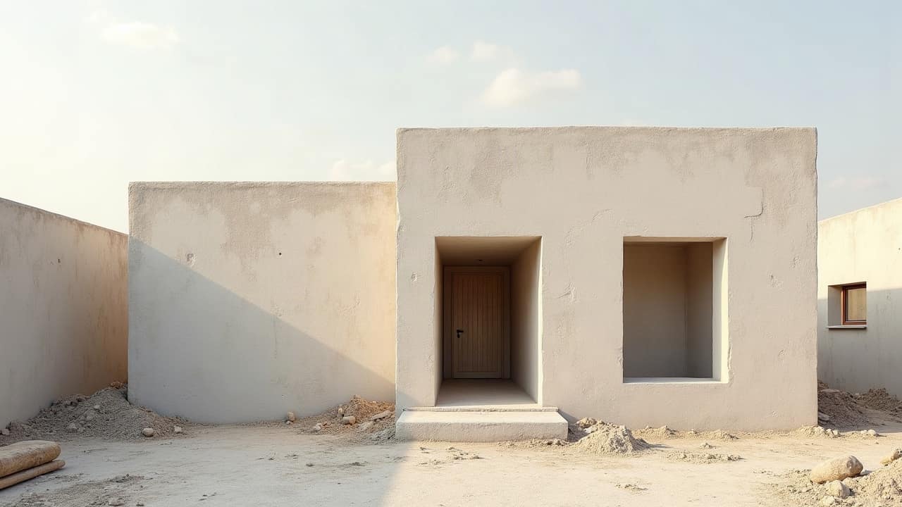 Enduit légèrement pulvérulent en surface avec dépôt blanchâtre caractéristique, façade exposée aux embruns atlantiques