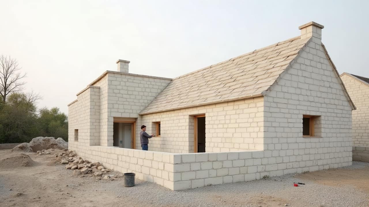 Muret en pierre calcaire délimitant une parcelle en lisière d'un hameau ancien, lotissement récent visible en arrière-plan