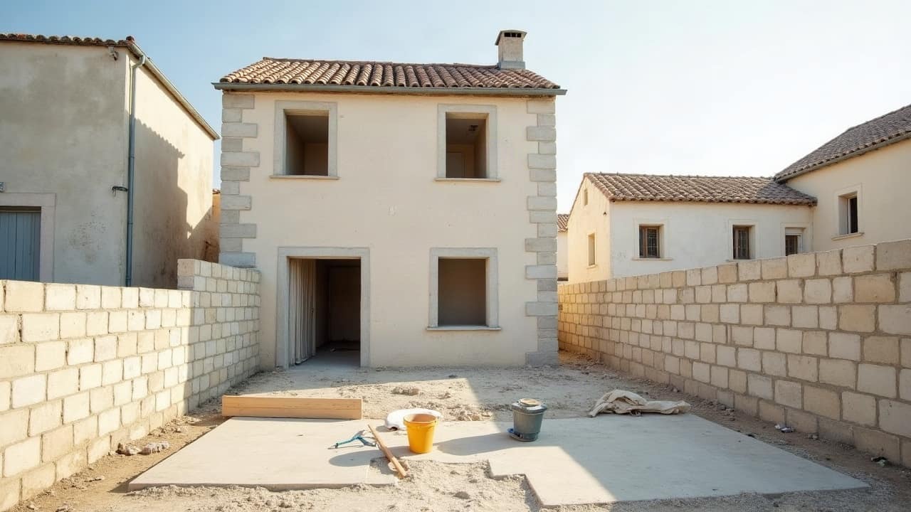 Mur de clôture bas en pierre calcaire séparant deux jardins résidentiels, capuchon de pierres plates sur le dessus