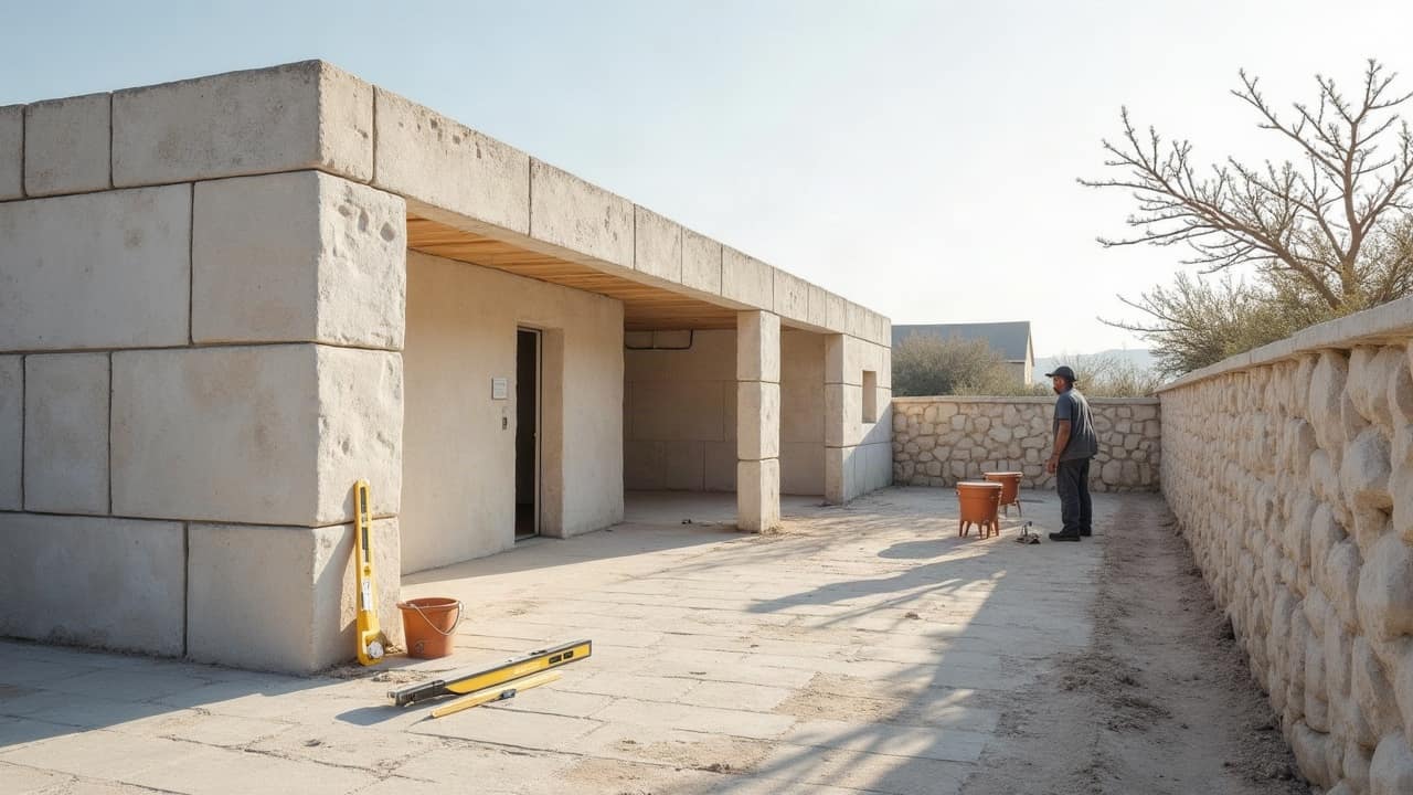 Livraison de matériaux de construction sur un chantier d'extension, accès étroit entre deux maisons