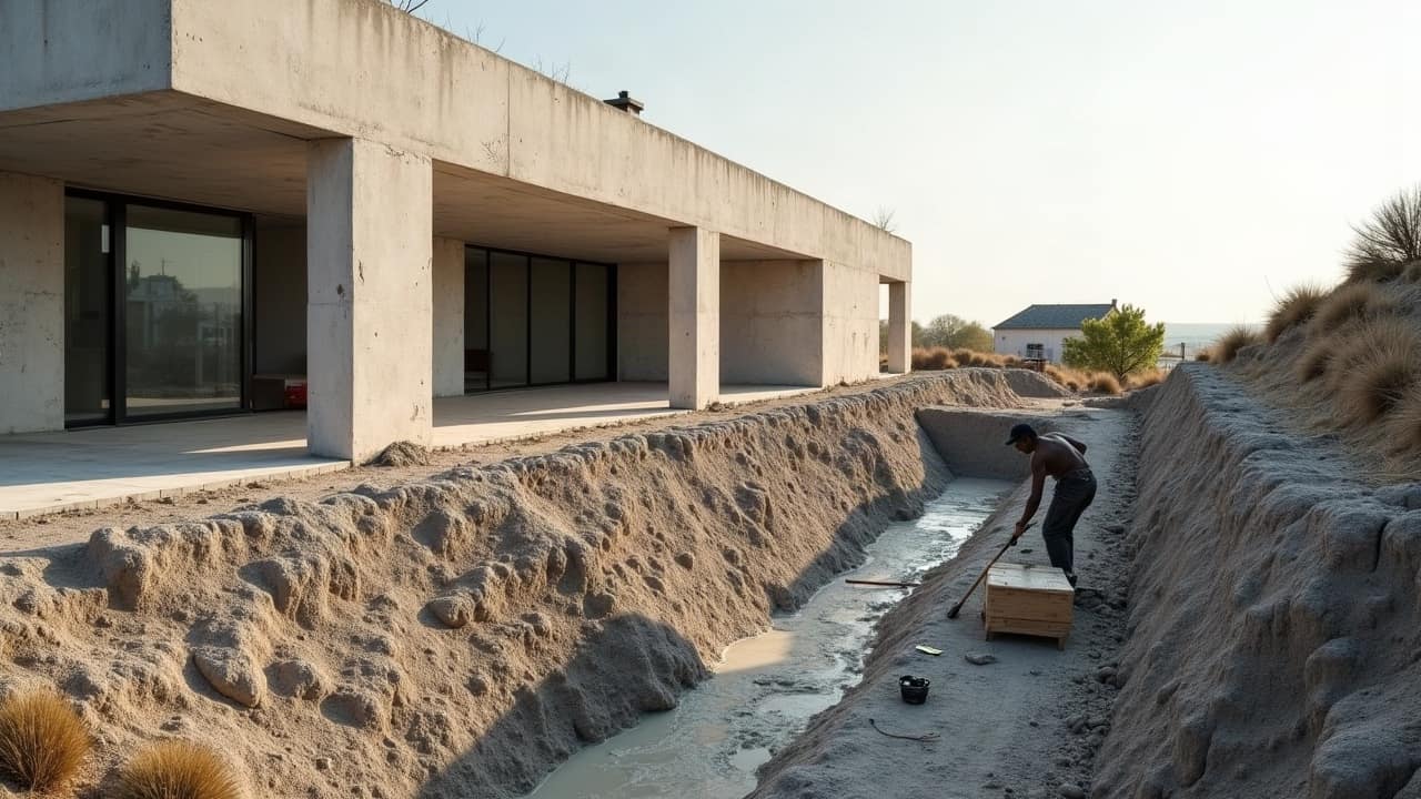 Section de fondation en béton fraîchement coulée dans une tranchée étayée, section voisine encore en attente de traitement