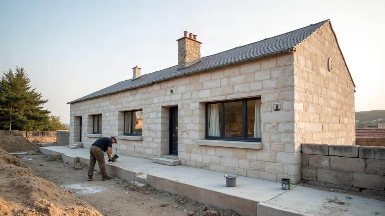 Fondations neuves en béton armé dans une tranchée sur terrain argileux, ferraillage visible avant remblaiement