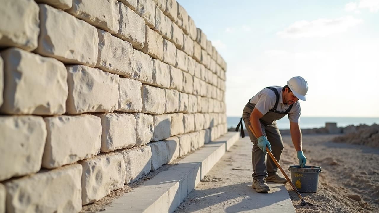 Structure de mur en parpaing montée sur un niveau existant, ferraillage de chaînage visible avant coulage