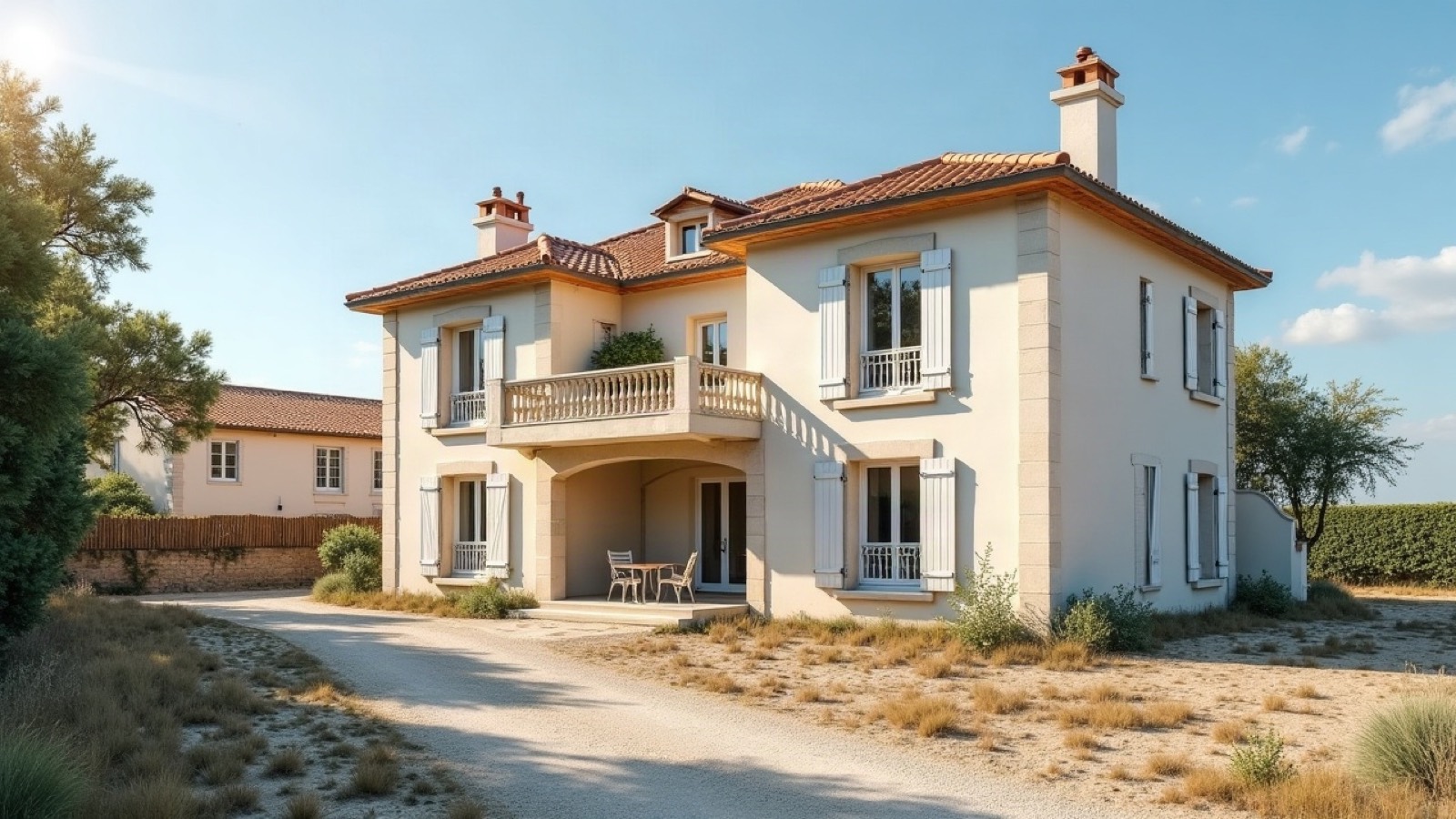 Détail d'une façade balnéaire ancienne avec corniche moulurée et enduit clair, volet en bois entrouvert